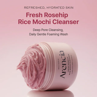 Arencia Fresh Rosehip Rice Mochi Facial Cleanser in a 120g jar, featuring a white and pink packaging with rosehip imagery.