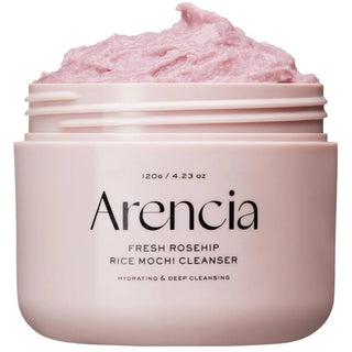 ARENCIA Fresh Rosehip Rice Mochi Facial Cleanser 120g with soft, creamy texture in a white tube featuring rosehip and rice ingredients.