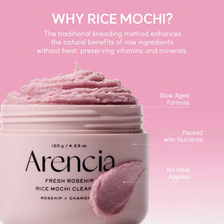 Arencia Fresh Rosehip Rice Mochi Facial Cleanser in 120g tube, featuring rosehip and rice ingredients for gentle cleansing.