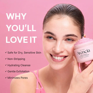 Arencia Fresh Rosehip Rice Mochi Facial Cleanser 120g, creamy texture with rosehip and rice ingredients in a white tube.