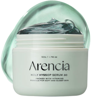 Arencia Holy Hyssop Serum 30 in a 50g jar, featuring a sleek container with a pump dispenser and a label displaying the product name.