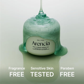 Arencia Holy Hyssop Serum 30 in a 50g bottle, featuring a clear serum with a botanical label and dropper applicator.