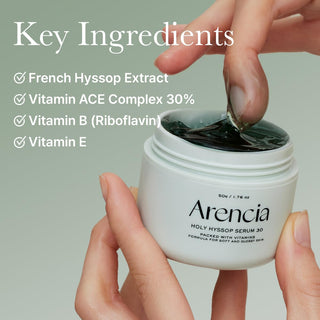 Arencia Holy Hyssop Serum 30 with a sleek bottle, showcasing the herbal-infused skincare product for nourishing skin.