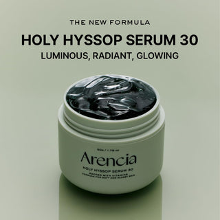 Arencia Holy Hyssop Serum 30 in a 50g jar, featuring a sleek bottle with a pump dispenser and label, on a white background.