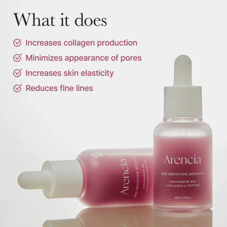 Arencia Red Smoothie Serum 8 in 30mL bottle, showcasing vibrant red serum in a sleek skincare bottle.