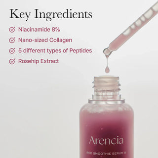 Arencia Red Smoothie Serum 8 in 30mL bottle, featuring vibrant red packaging, Korean skincare serum for radiant skin.