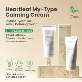 Tube of Axis-Y Heartleaf My Type Calming Cream in a 60mL jar, showing the soothing facial cream with a minimalist label design.