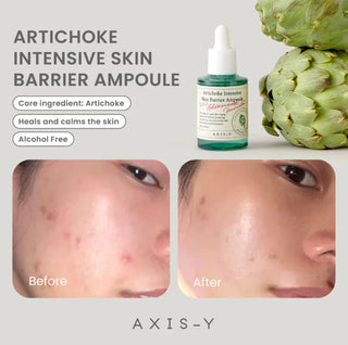 Dropper bottle of Axis-Y Artichoke Intensive Skin Barrier Ampoule serum showing the product label and clear glass container.