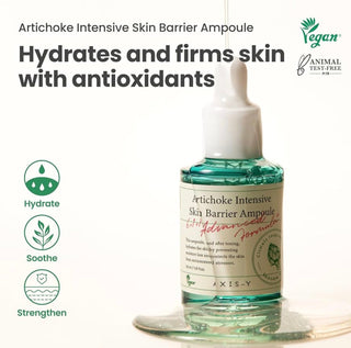 AXIS-Y Artichoke Intensive Skin Barrier Ampoule serum in a clear bottle with dropper applicator, showing the product label and liquid inside.