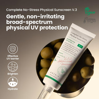 AXIS Y Complete No Stress Physical Sunscreen 50mL tube, broad-spectrum SPF 50, with natural, mineral-based sun protection.