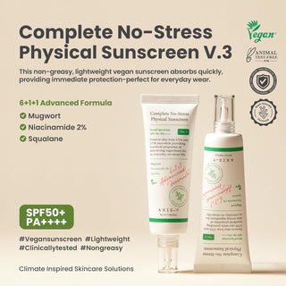 Axis-Y Complete No Stress Physical Sunscreen 50mL bottle, SPF protection, with a sleek design and clear labeling.