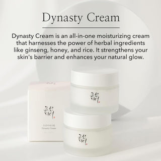 Jar of Beauty of Joseon Dynasty Cream moisturizer in a 50ml container with elegant packaging and traditional Korean design.