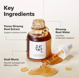Beauty of Joseon Revive Serum with ginseng and snail mucin in a 30ml bottle, showcasing the serum's smooth, translucent texture.