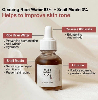 Beauty of Joseon Revive Serum with ginseng and snail mucin in a 30ml bottle, showcasing the serum's sleek design and product label.