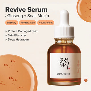 Beauty of Joseon Revive Serum with ginseng and snail mucin in a 30ml bottle, showcasing the nourishing skincare product.