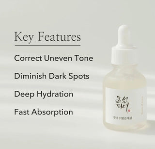 Beauty of Joseon Glow Deep Serum with rice and alpha-arbutin, featuring a sleek bottle and dropper for brightening skincare.