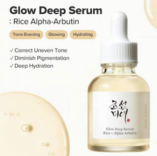 Beauty of Joseon Glow Deep Serum with rice and alpha-arbutin, showcasing the serum bottle and dropper for brightening skincare.