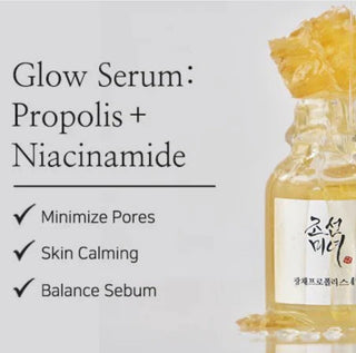 Beauty of Joseon Glow Serum with propolis and niacinamide in a sleek glass bottle, highlighting hydrating and brightening skincare benefits.