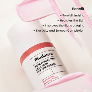 Biodance pore perfecting collagen peptide cream in 50ml jar, smooth cream with hydrating and skin-firming texture.