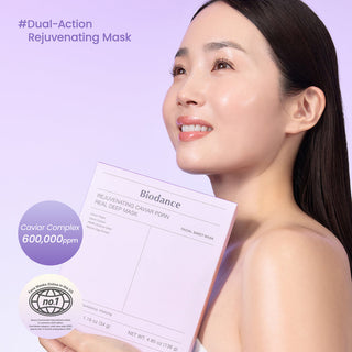 Biodance Rejuvenating Caviar PDRN real deep face mask in purple, showing the mask's textured surface and packaging.
