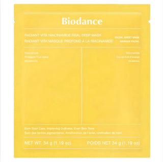 Biodance Radiant Vita Niacinamide face sheet mask in yellow, designed for deep skin nourishment and hydration.