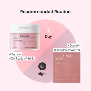 Biodance Collagen Gel Toner Pads in pink, 60 soft exfoliating pads for cleansing and skin hydration.