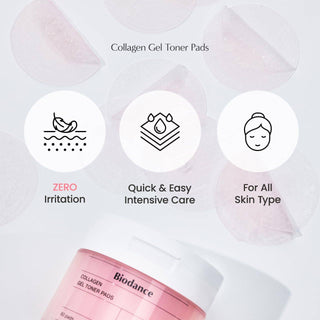 Biodance Collagen Gel Toner Pads in pink, 60 soft cotton pads for facial cleansing and hydration, natural skincare product
