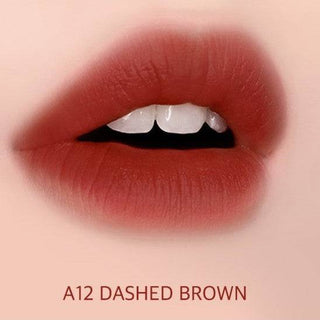 Black Rouge Air Fit Velvet Tint 2 lip tint in sweet cinnamon, showing a close-up of the deep, velvety lipstick on lips.