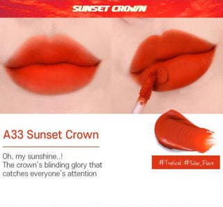 Black Rouge Air Fit Velvet Tint 7 lip tint in Sunset Crown, showcasing a deep, velvety red color on the product tube.