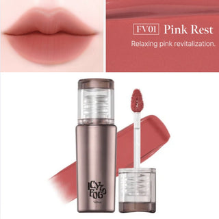 Black Rouge Icy to Fog Velvet lip tint in pink, with a smooth, velvety texture and sleek black packaging.