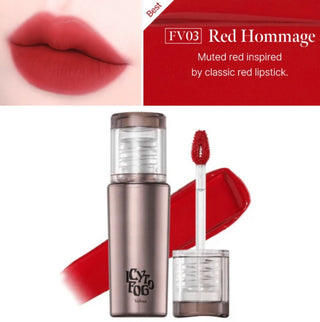 Black Rouge Icy to Fog Velvet Lip Tint in pink, showing the sleek tube and vibrant color of the lip product.