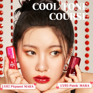 Black Rouge Mara Hot Water Lip Tint in LV00 Mild, showcasing the black liquid tint applicator and vibrant lip color.