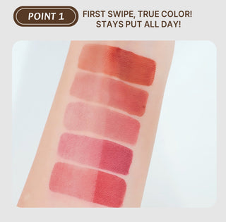 Black Rouge Lip Tint in LV07 Caramel Roasting, showcasing the black liquid lip tint with a drip design and warm caramel color.