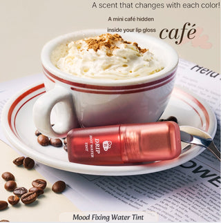 Black Rouge Drip Hot Water Lip Tint in caramel roasting, showing the tinted lip with a glossy finish and the product packaging.