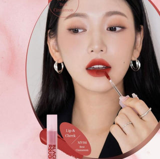 Black Rouge Muddish Cushion Velvet lipstick in Peach Pudding, featuring a smooth, velvety texture and rich peach color.
