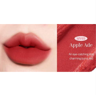Black Rouge Muddish Cushion Velvet lipstick in peach pudding shade, showcasing the vibrant, velvety lipstick application.