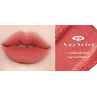 Black Rouge Muddish Cushion Velvet lipstick in peach pudding shade, with smooth velvet finish and sleek black packaging.