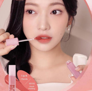 Black Rouge Muddish Cushion Velvet lipstick in Peach Pudding color, shown with sleek black packaging and smooth velvet finish.