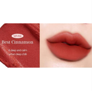 Black Rouge Muddish Cushion Velvet lipstick in Peach Pudding with smooth, velvety texture and black packaging.