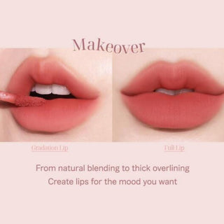 Black Rouge Muddish Cushion Velvet lipstick in Peach Pudding with a smooth, velvety finish and sleek black packaging.