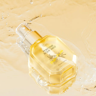 BOM Chiffon Vanilla perfume body mist 110ml bottle with floral design, showcasing the elegant packaging and product details.
