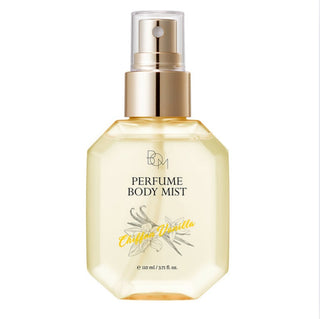 BOM Chiffon Vanilla Perfume Body Mist 110ml bottle with floral design and clear spray cap, showcasing the elegant packaging.