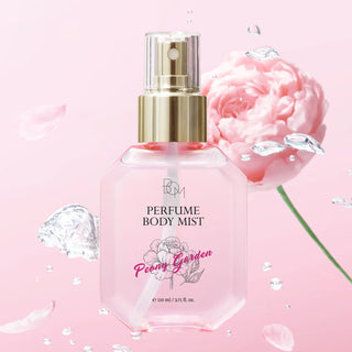 BOM Peony Garden perfume body mist 110ml bottle with floral design, fresh peony scent, and elegant packaging.