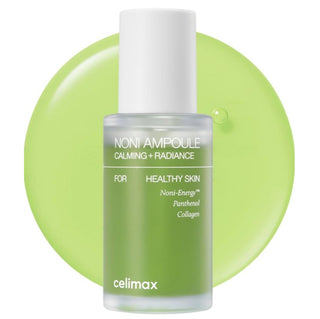 CELIMAX Noni Energy Ampoule 30mL, clear glass bottle showing the skincare ampoule with a white label and silver cap.