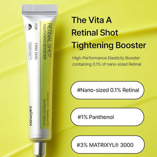 CELIMAX Retinal Shot Tightening Booster ampoule inside a clear glass bottle, featuring a sleek design for skin tightening.