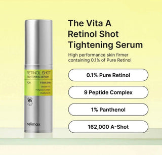 CELIMAX The Vita A Retinol Shot Tightening Serum in 30mL bottle, showcasing the sleek packaging and serum applicator.