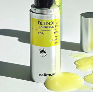 CELIMAX The Vita A Retinol Shot Tightening Serum 30mL, close-up of the serum bottle with applicator and product label visible.