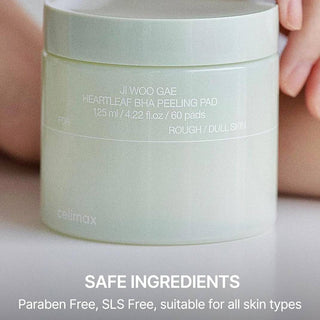 CELIMAX Jiwoogae Heartleaf BHA Peeling Pads, 60pcs, for skin exfoliation and clearer complexion in a 125mL package.