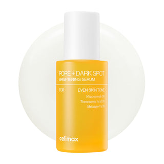 CELIMAX Pore+Dark Spot Brightening Serum 30ml bottle showing the sleek packaging and label for clear skin improvement.