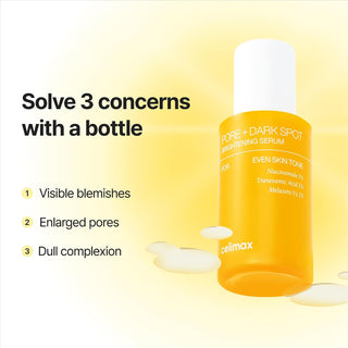 CELIMAX Pore+Dark Spot Brightening Serum 30ml bottle showing the sleek packaging and product label.